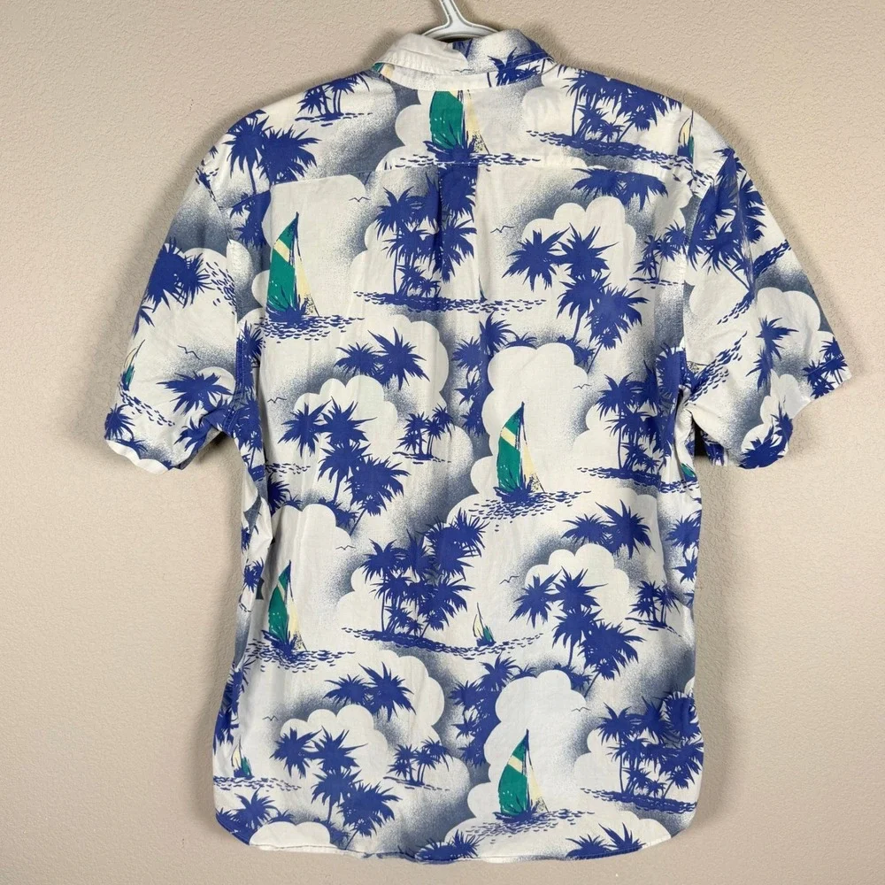 J.Crew Popover Polo Shirt Mens M Blue Tropical Sailboat Palm Tree Short Sleeve
